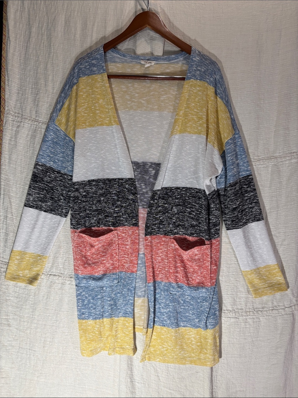Tribal Jeans Multicolor Color lock Striped Open Front Cardigan with Pockets EUC
